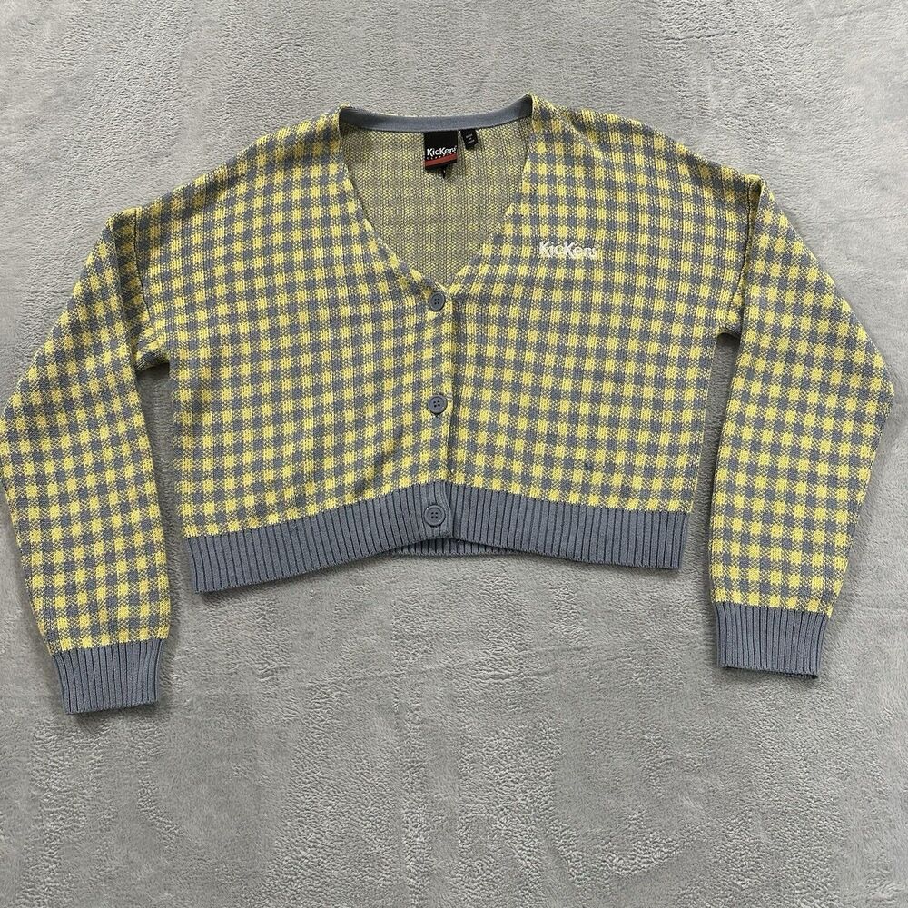 Kickers‎ Classics Cardigan Women's Large UK Jacquard Gingham Yellow Blue V Neck